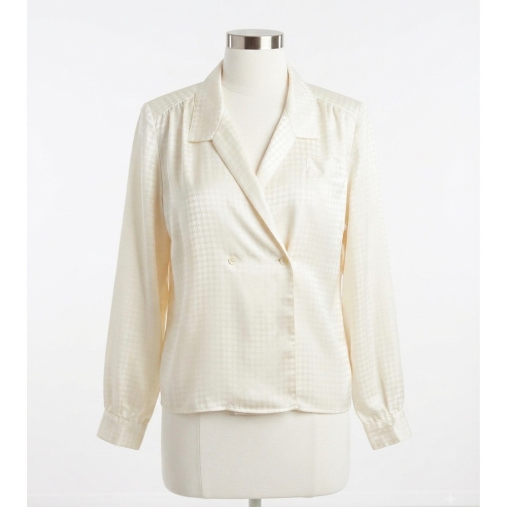 Peters & Ashley 90s Vintage Cream Houndstooth Jacquard Blouse Top M/L Old Money